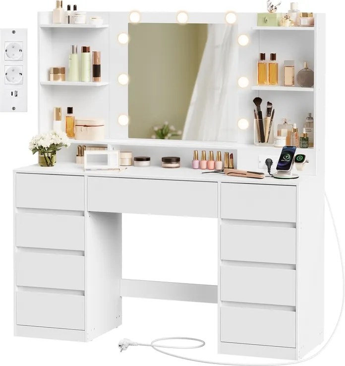 Toucador com espelho 40 x 107 x 144 cm, iluminação LED com 2 tomadas e estação carregamento Branco