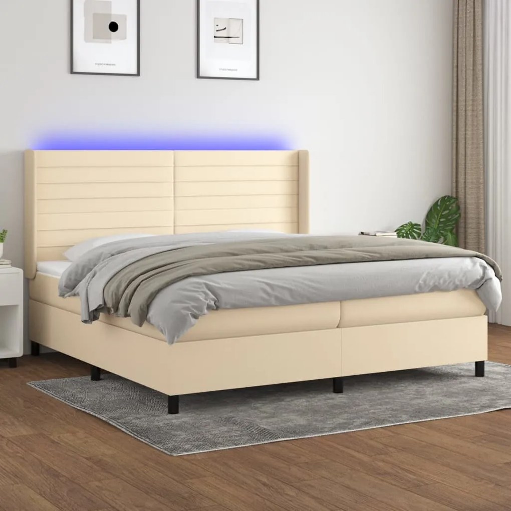 vidaXL Cama box spring c/ colchão e LED 200x200 cm tecido cor creme