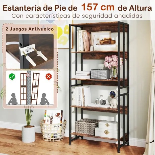 Estante de 5 prateleiras com 70 x 35 x 157 cm e prateleiras reguláveis com estrutura metálica Estante de estúdio Castanho