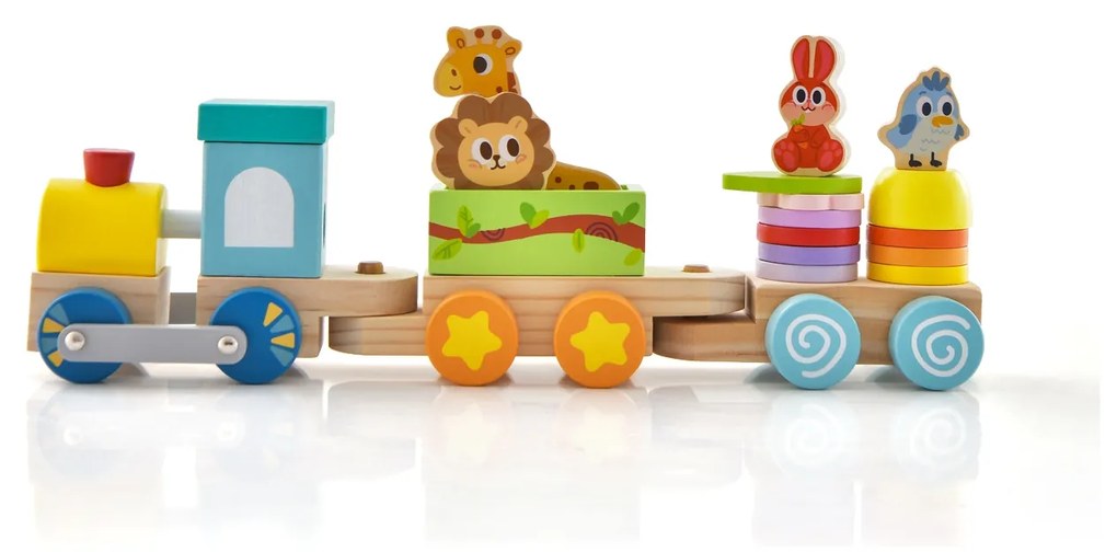 Conjunto de trem de madeira de brinquedo de 3 seções com blocos de construção empilháveis