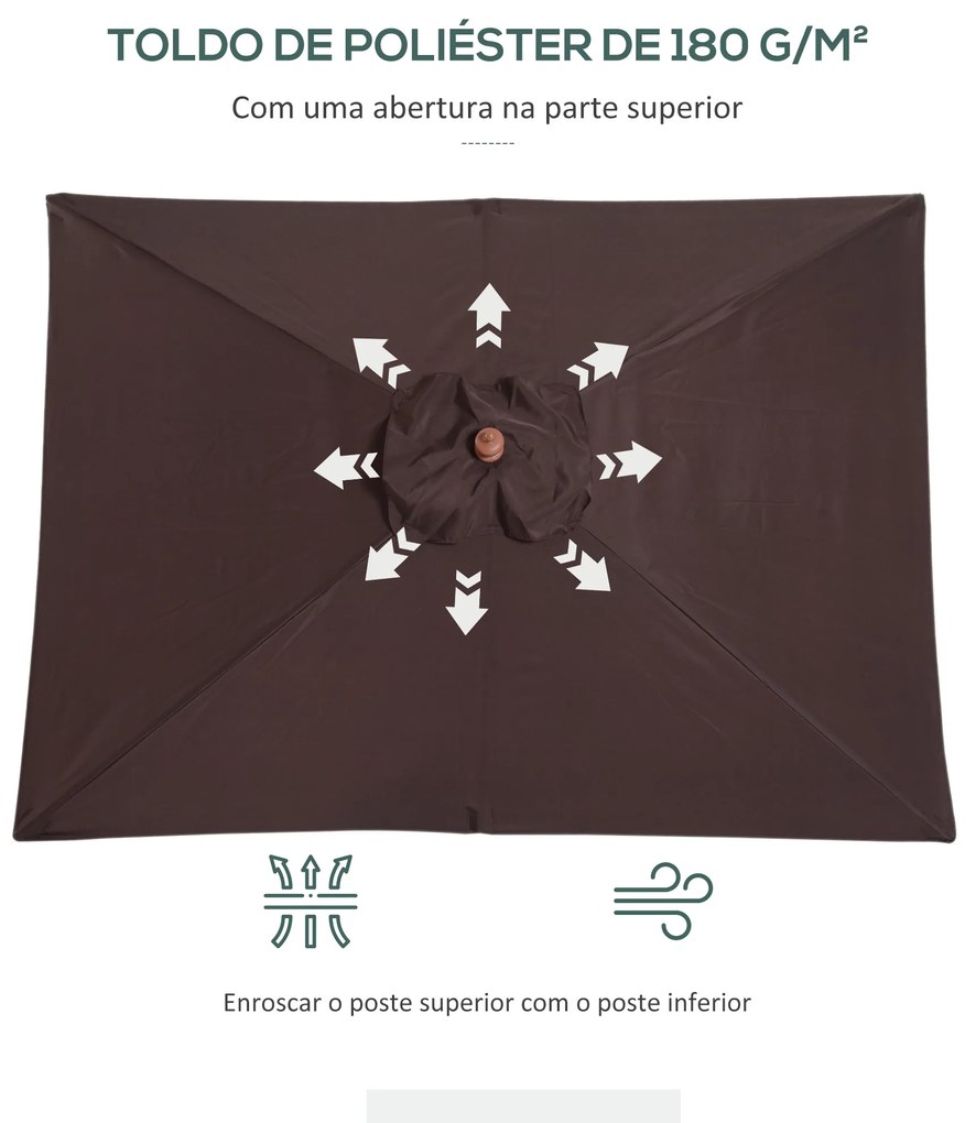 Chapéu de Sol de Jardim 200x150x230 cm Chapéu de Sol Retangular Inclinável com Polia Duplo Teto Castanho