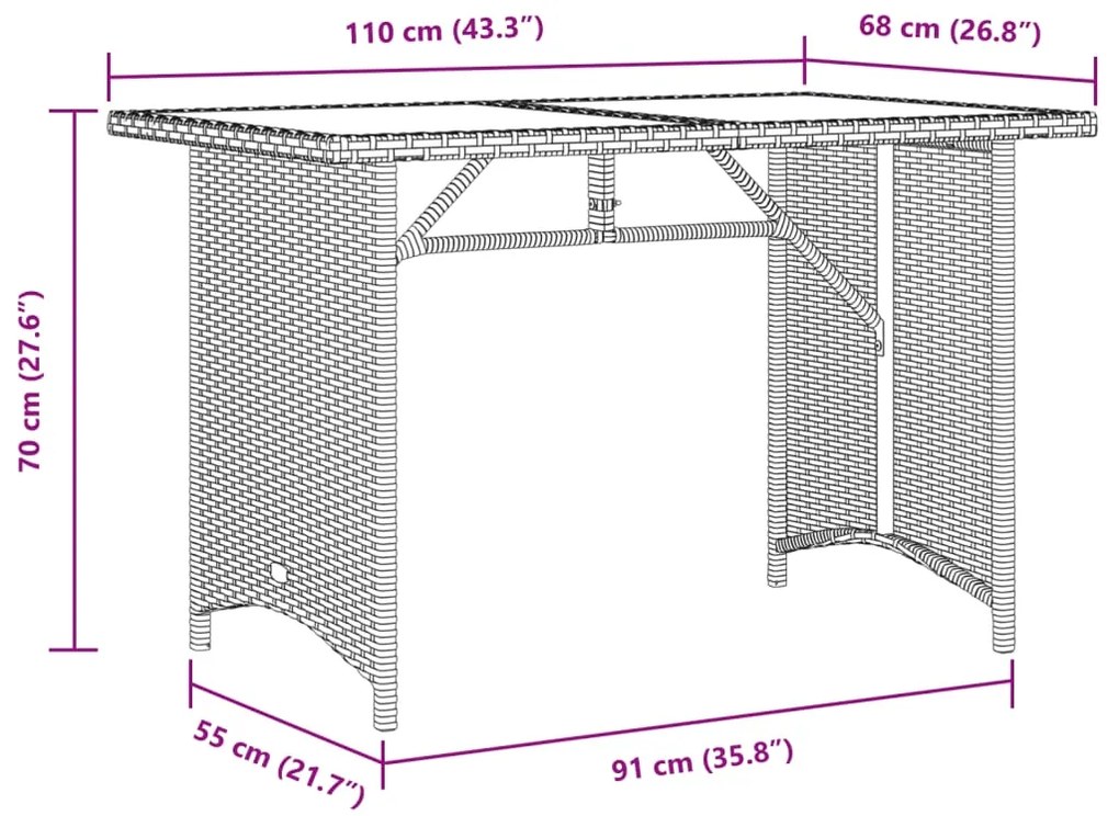 Mesa de jardim com tampo de madeira 110x68x70 cm vime PE cinza