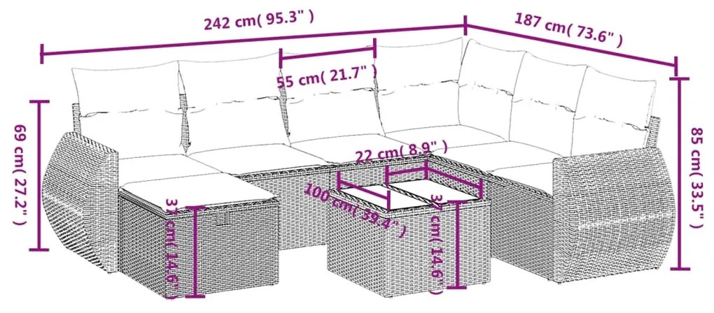 8 pcs conjunto sofás de jardim c/ almofadões vime PE castanho