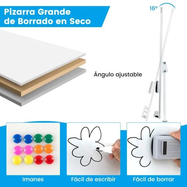 Quadro branco ajustável em altura com rodas com clipes para papel e tabuleiro 65 x 60 x 132-192 cm Branco