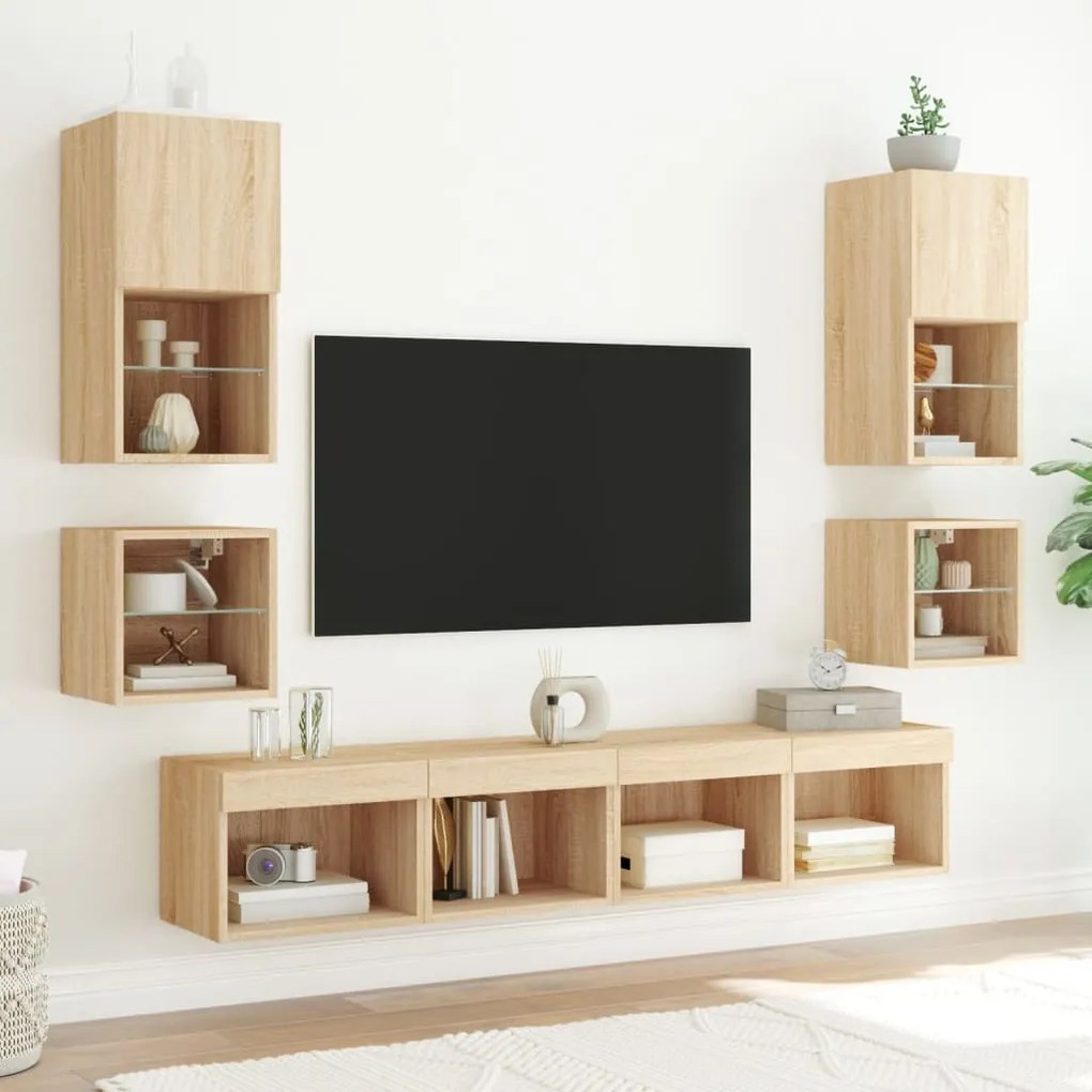 Móveis de parede para TV com luzes LED 2 pcs carvalho sonoma