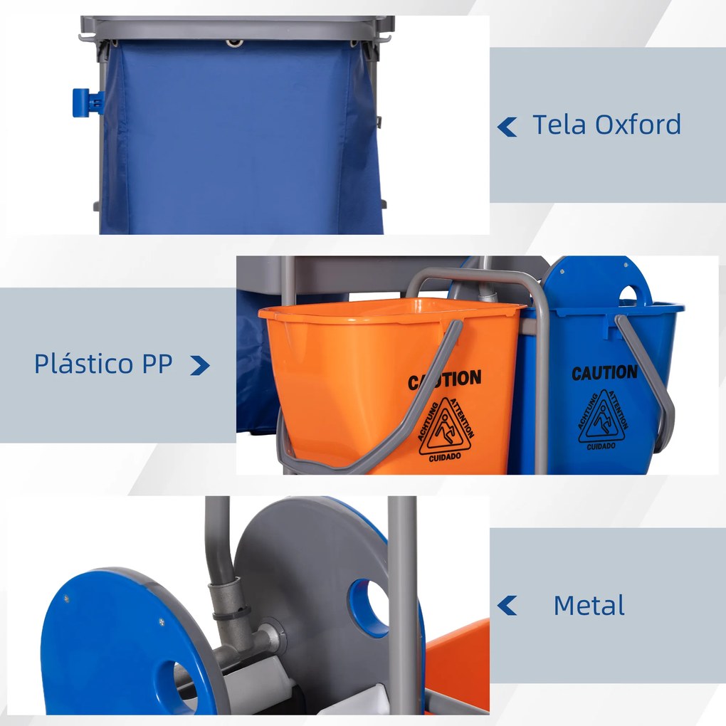 Carro de Limpeza Professional com Escorredor de Alavanca e 2 Baldes de 18L 111x63,3x103cm Cinza Azul e Laranja