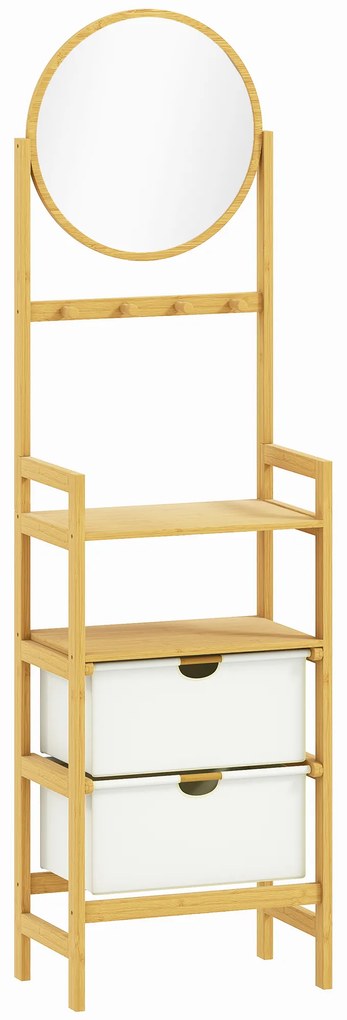 Estante de Casa de Banho em Bambu com Espelho Estante de Arrumação com 2 Gavetas de Tecido 48,5x30x170 cm Madeira