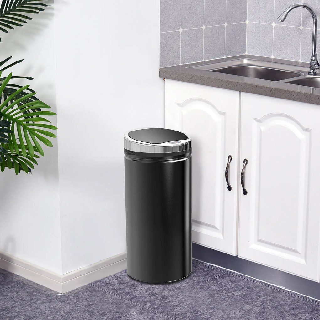 Caixote do lixo automático de 42 L, caixote do lixo de cozinha em aço galvanizado com sensor de movimento e cesto interno removível, preto