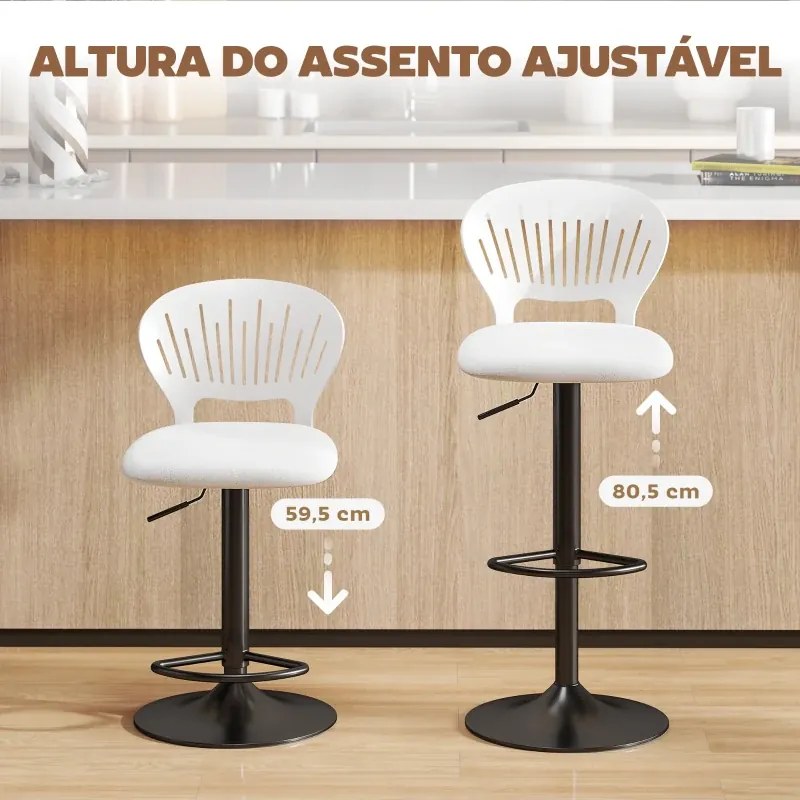 Conjunto de 2 Bancos Altos de Cozinha Giratórios a 360° Reguláveis em Altura de 84-105 cm 40,5x43x84-105 cm Branco
