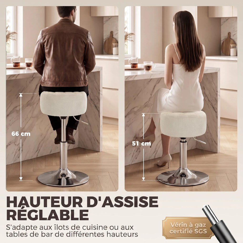 Banco bar ou de toucador em PU, banco giratório para maquilhagem, banco de bar com altura ajustável entre 51 e 66 cm, cor creme