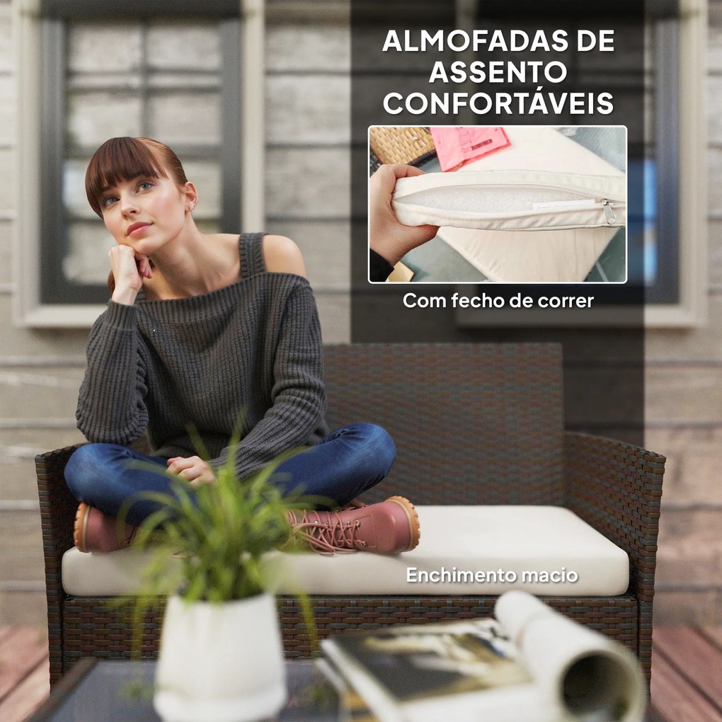 Conjunto de Jardim em Vime com Almofadas Móveis de Exterior com 2 Poltronas Sofá de 2 Lugares Mesa com Vidro Castanho e Bege