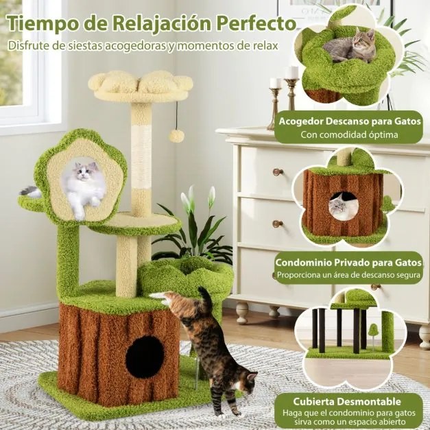 Arranhador para gatos, bosque com tronco, plataforma floral acolchoada, arranhador de sisal e brinquedos verde e castanho