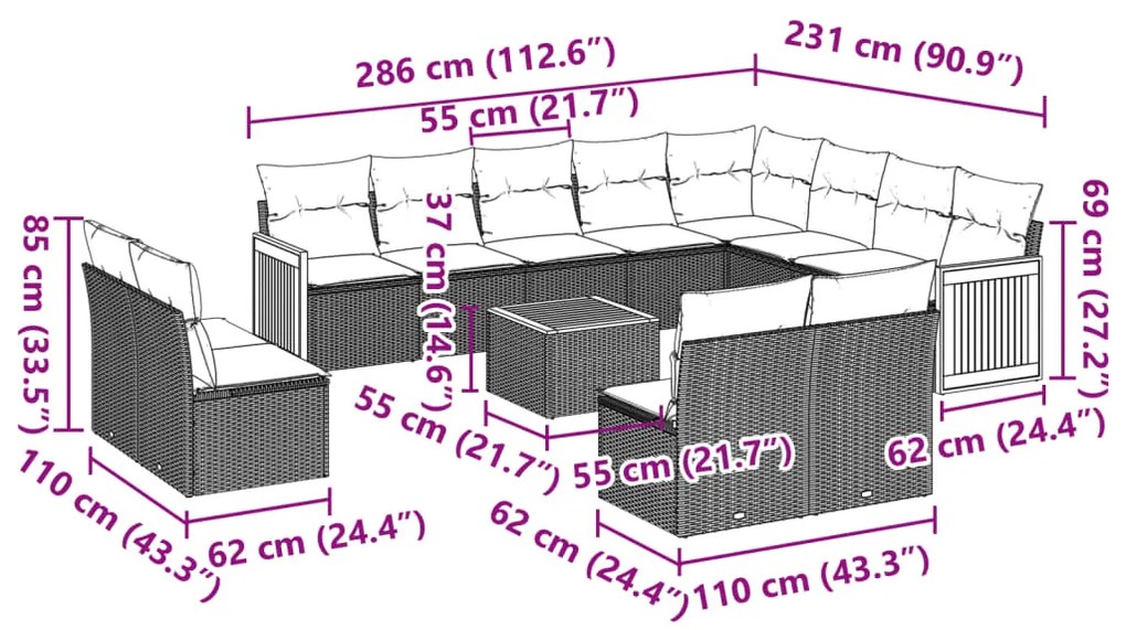 13 pcs conjunto de sofás de jardim com almofadões vime PE preto