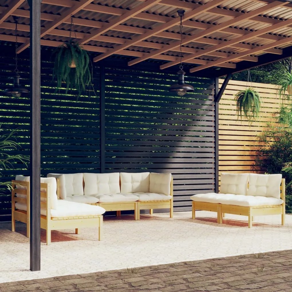 vidaXL 7 pcs conjunto lounge jardim c/ almofadões creme pinho maciço