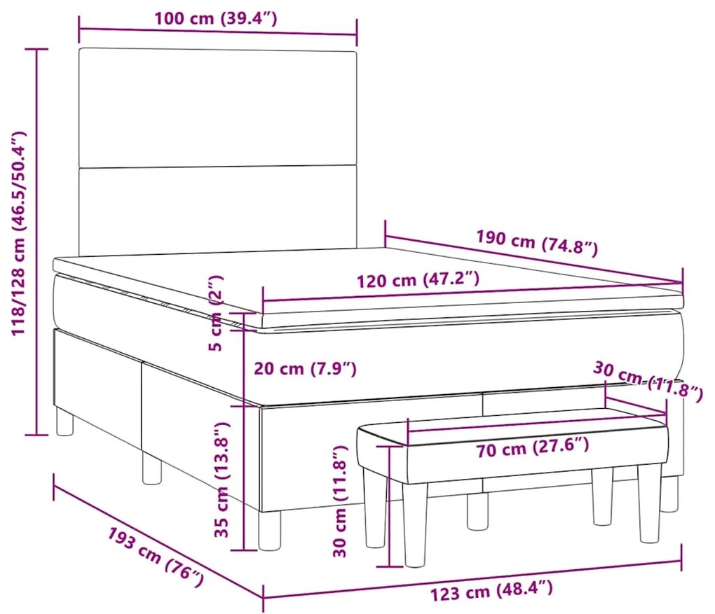 Cama boxspring com colchão 120x190 cm tecido azul