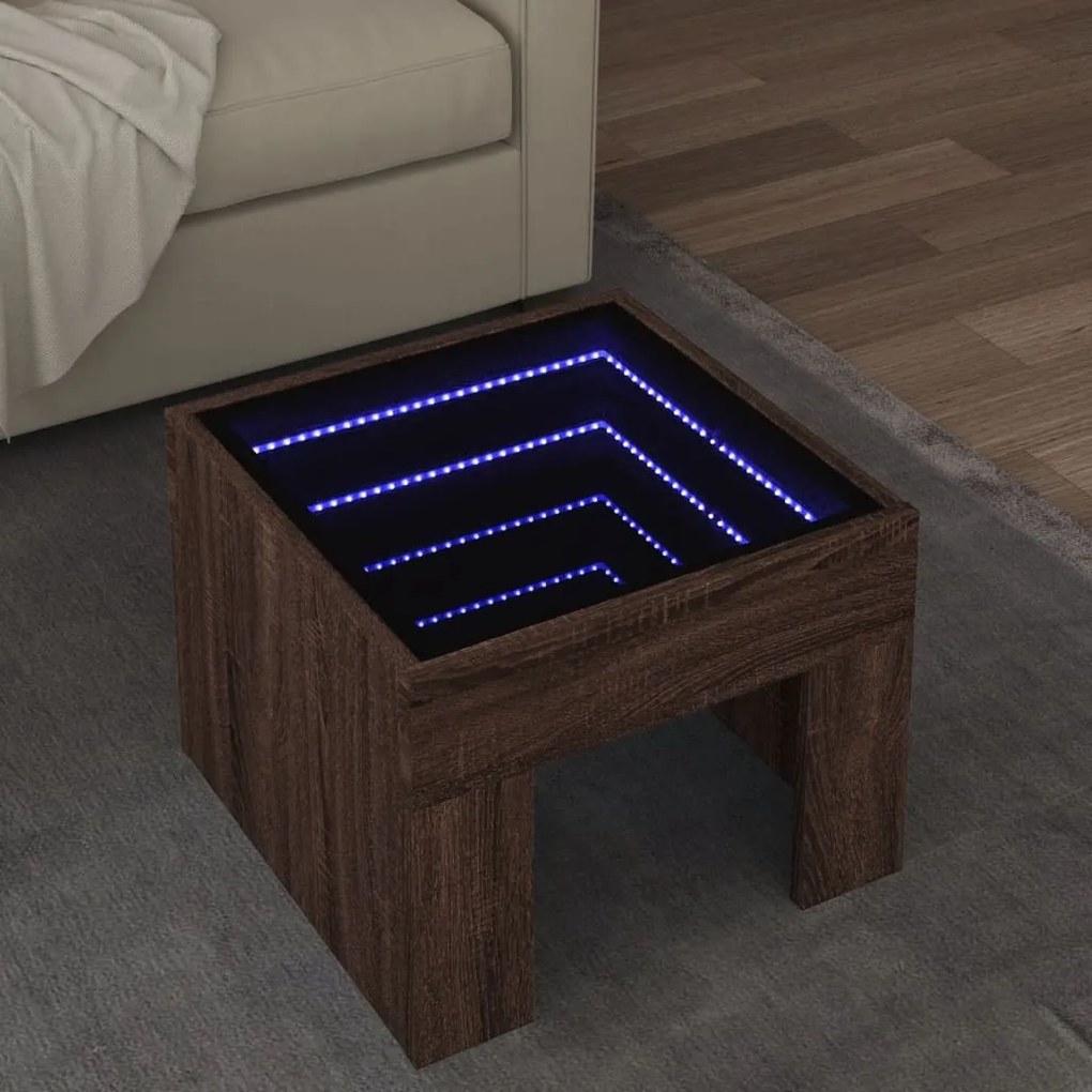 vidaXL Mesa de centro luzes LED Infinity 40x40x30 cm carvalho castanho