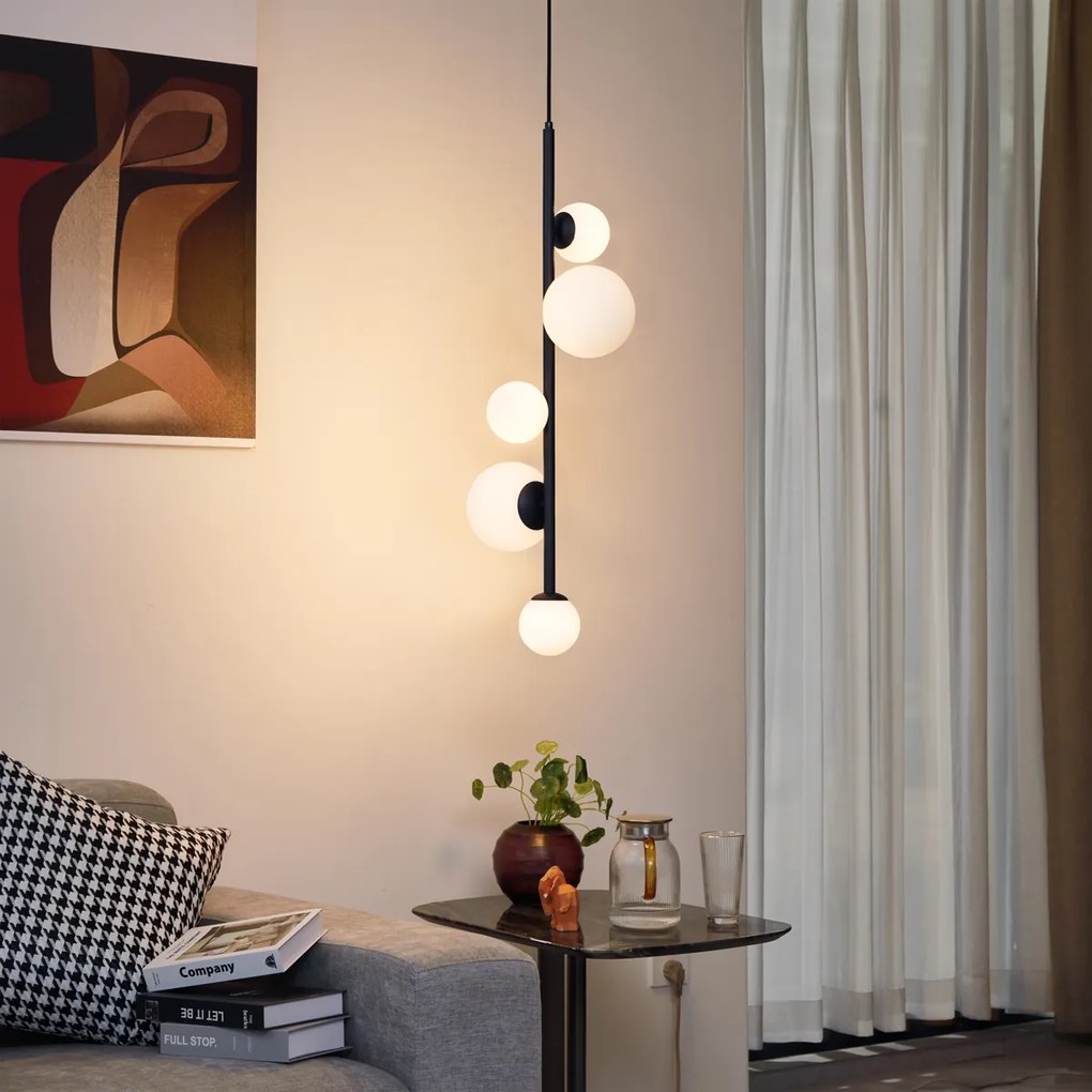 Candeeiro suspenso de design preto com vidro fosco 5 luzes - Vertical