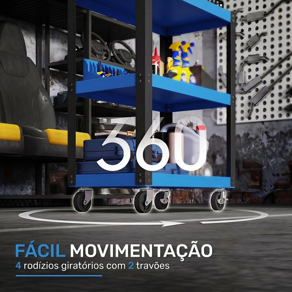 Carrinho de Ferramentas com 3 Prateleiras Rodas com Travão e Pega para Garagem Oficina 120 kg Azul e Preto
