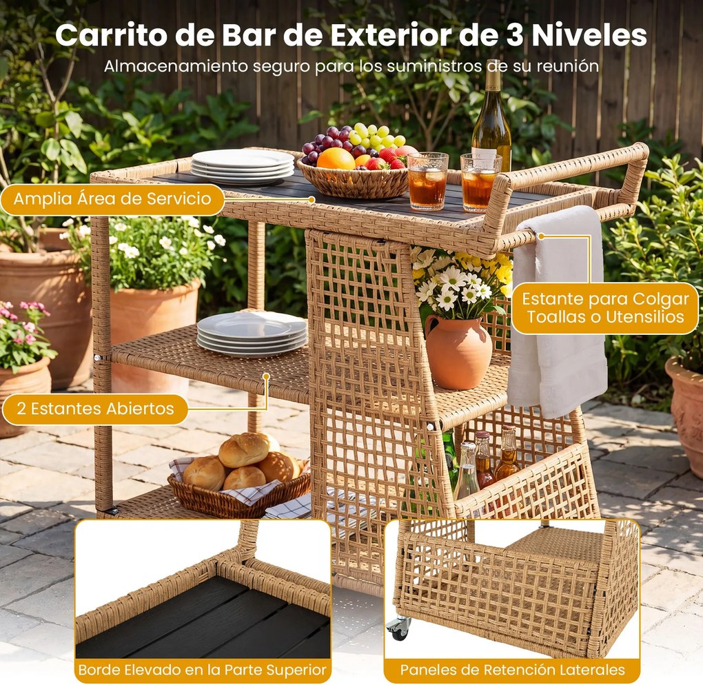 Carrinho cozinha de 3 níveis em rattan PE com rodas bloqueáveis, prateleiras abertas, pega lateral e mesa auxiliar móvel para jardim, pátio ou terraço