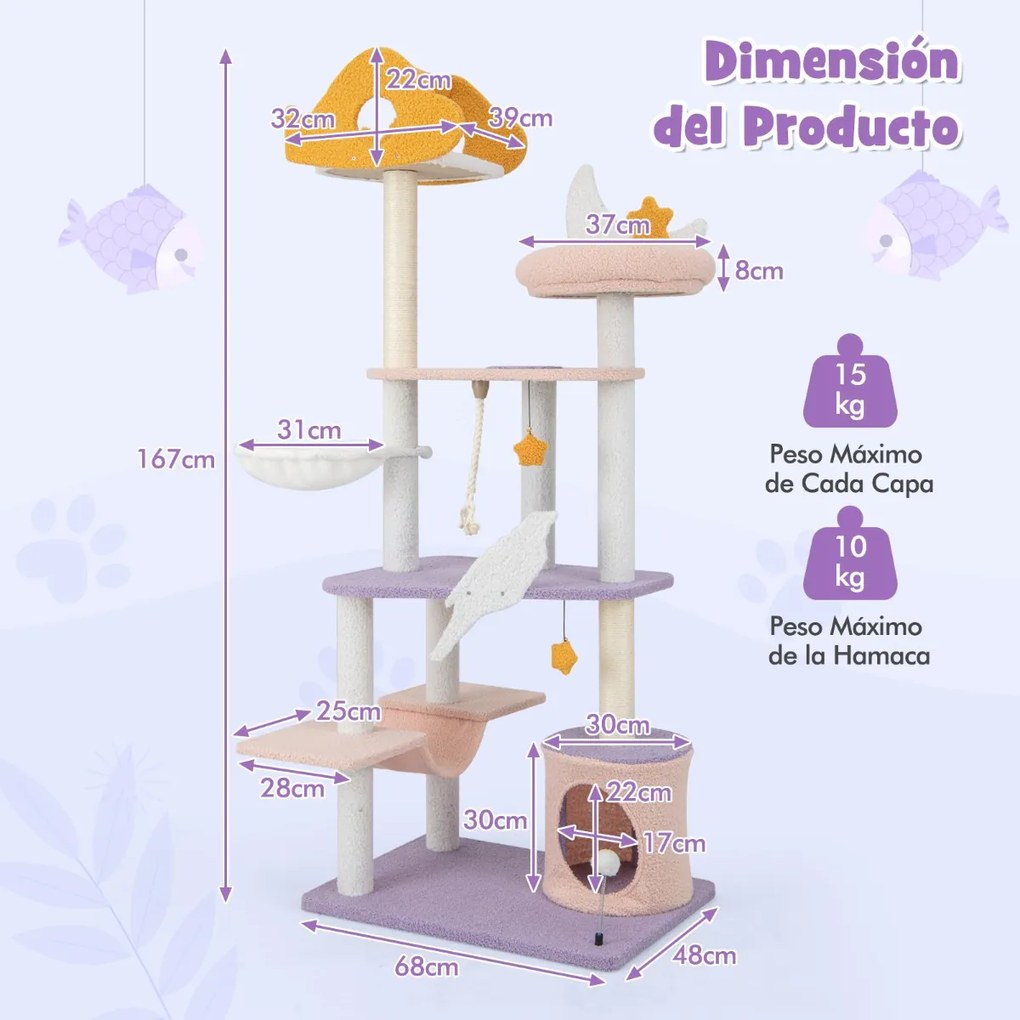 Arranhador para gatos de 167 cm com postes de arranhar cobertos de sisal Plataforma coberta de sisal Poleiro de pelúcia em forma de avião Corda de sis