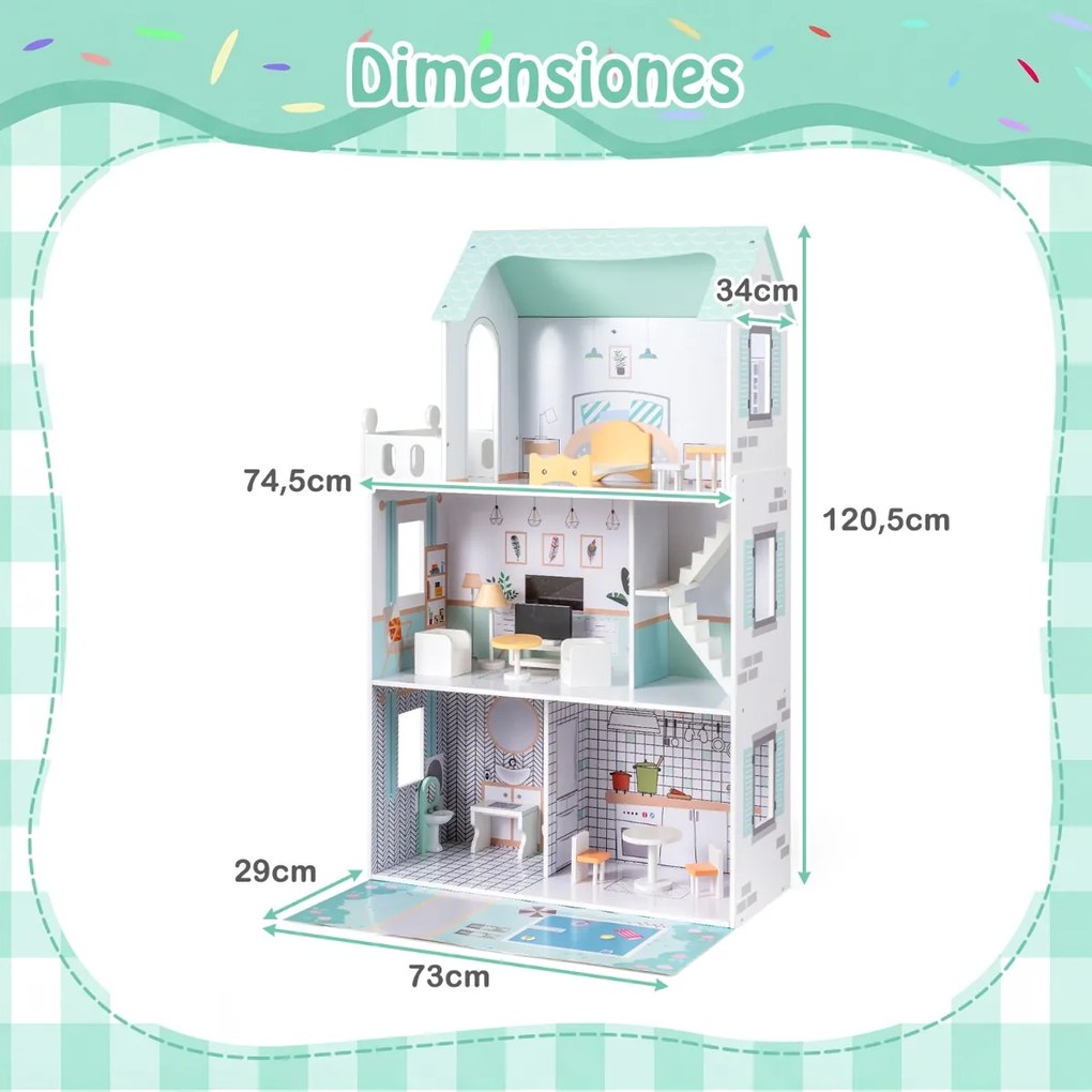 Casa de bonecas de madeira 74,5 x 34 x 120,5 cm com 18 peças de mobiliário e escada verde