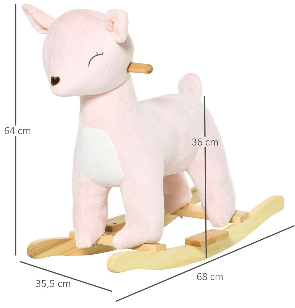 Baloiço Infantil de Cervo para Crianças acima de 3 Anos Baloiço com Sons Realistas de Pelúcia e Base de Madeira Carga 45kg 68x35,5x64cm Rosa