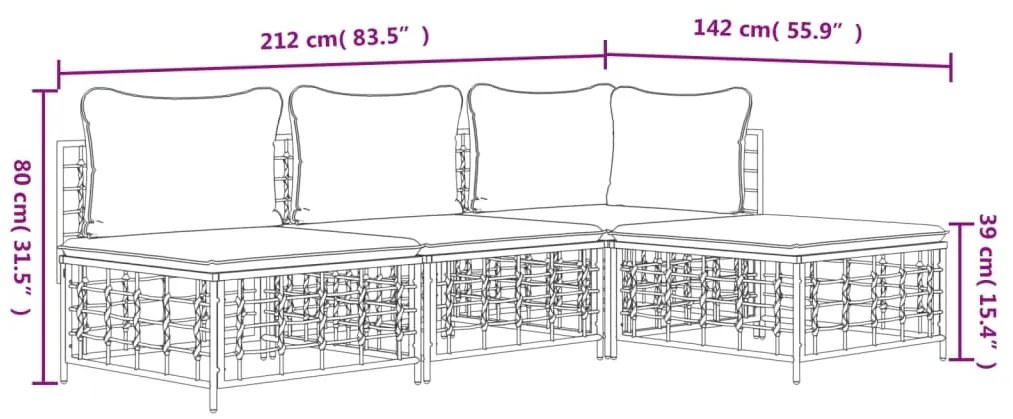 4 pcs conjunto lounge de jardim c/ almofadões vime PE antracite