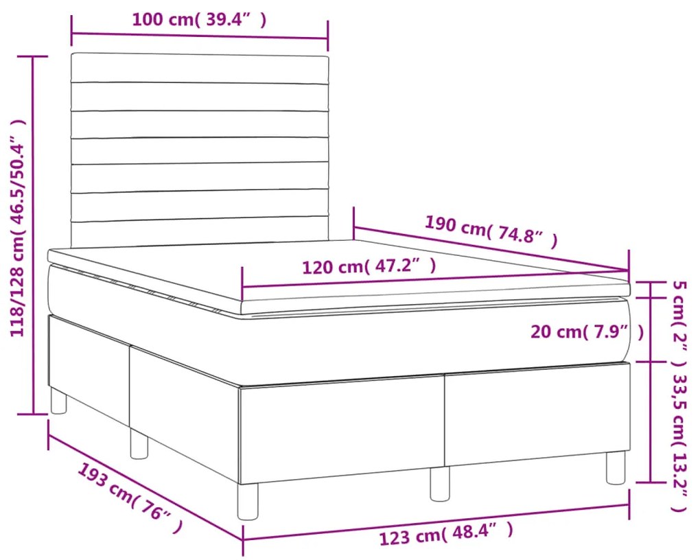Cama box spring c/ colchão e LED 120x190 cm tecido cinza-claro