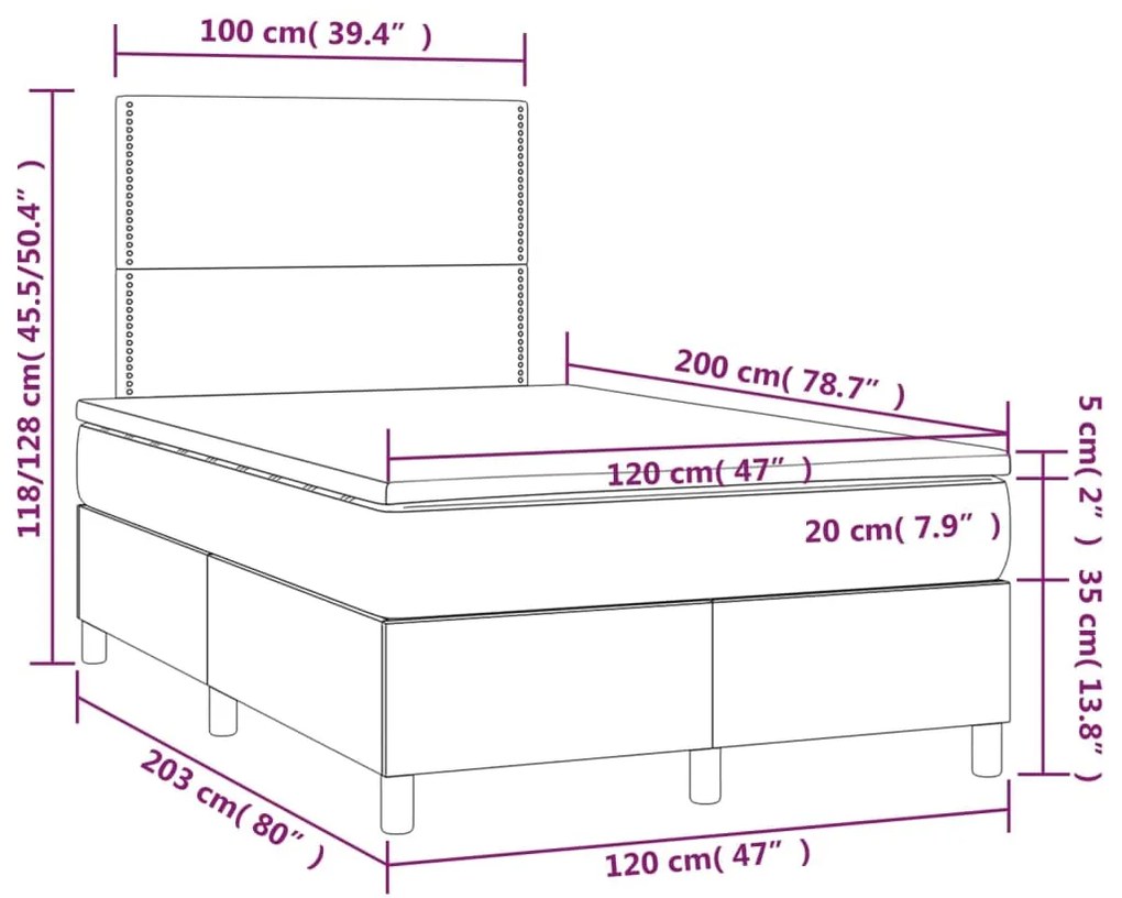 Cama box spring c/ colchão e LED 120x200 cm tecido cinza-claro