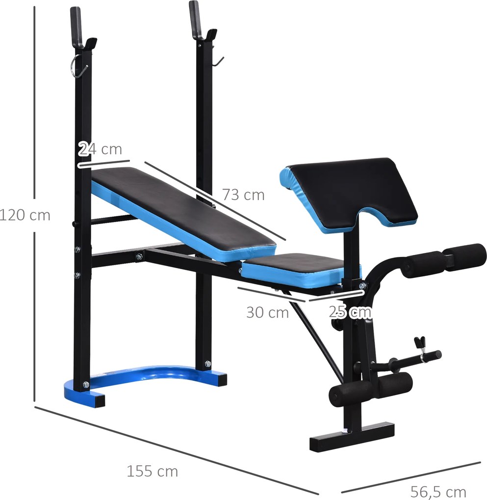 Banco de Musculação Multifuncional (PESOS E BARRA NÃO INCLUIDA) com Suporte para Barras e Encosto Ajustável 155x56,5x120 cm Preto e Azul