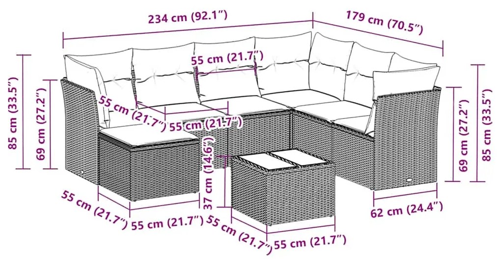 8 pcs conjunto sofás de jardim com almofadões vime PE preto