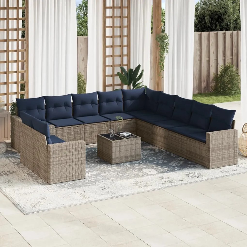 vidaXL 12 pcs conjunto sofás p/ jardim c/ almofadões vime PE cinzento