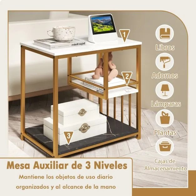 Mesa de apoio de 3 níveis com retangular de luxo com estrutura metálica e imitação mármore branca e dourada