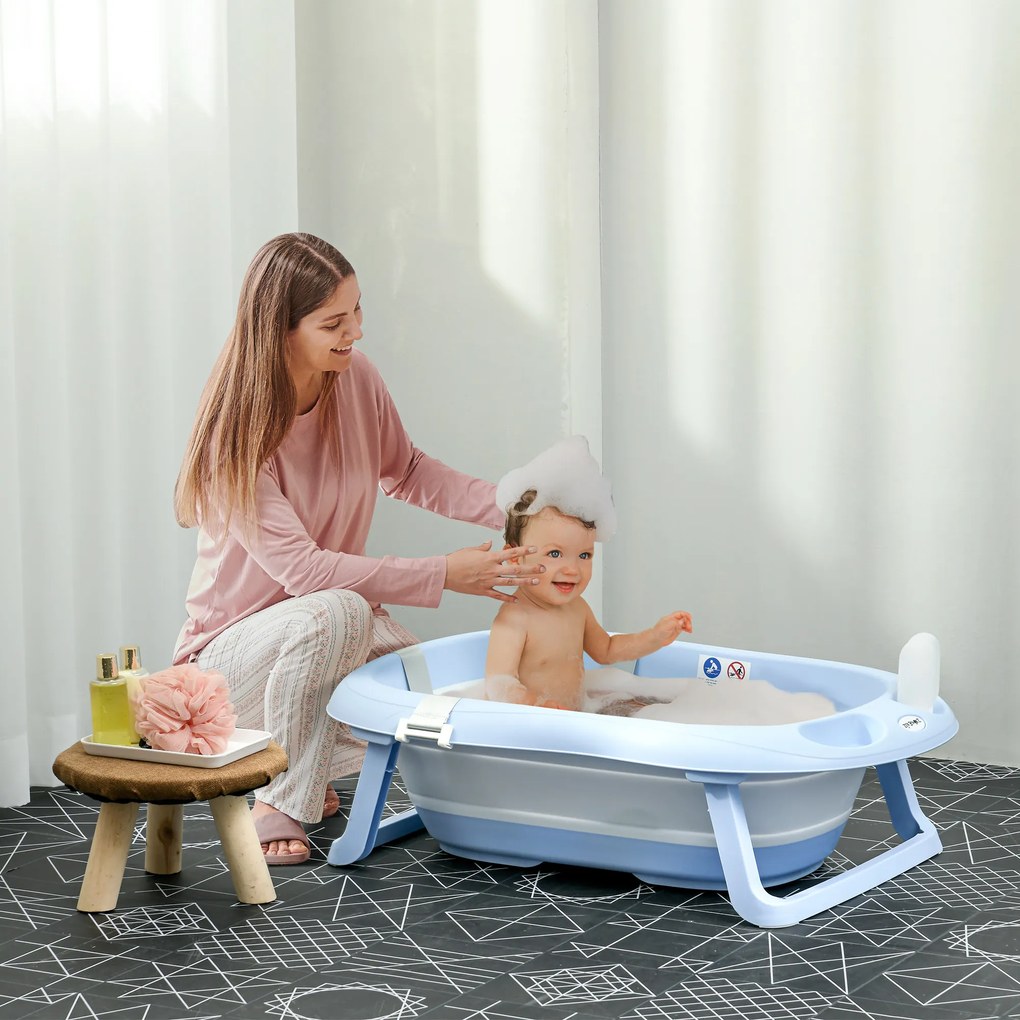 Banheira para Bebé Recém Nascido Dobrável 40L com Almofada Pés Antiderrapantes Orifício de Drenagem e 83x48x23,5 cm Azul