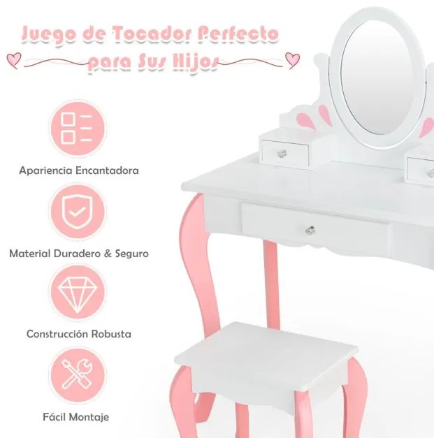 Conjunto de Toucador e Banco para Crianças Mesa de Maquilhagem para Princesas com Espelho Rotativo 360° Removível 3 Gavetas Branco e Rosa