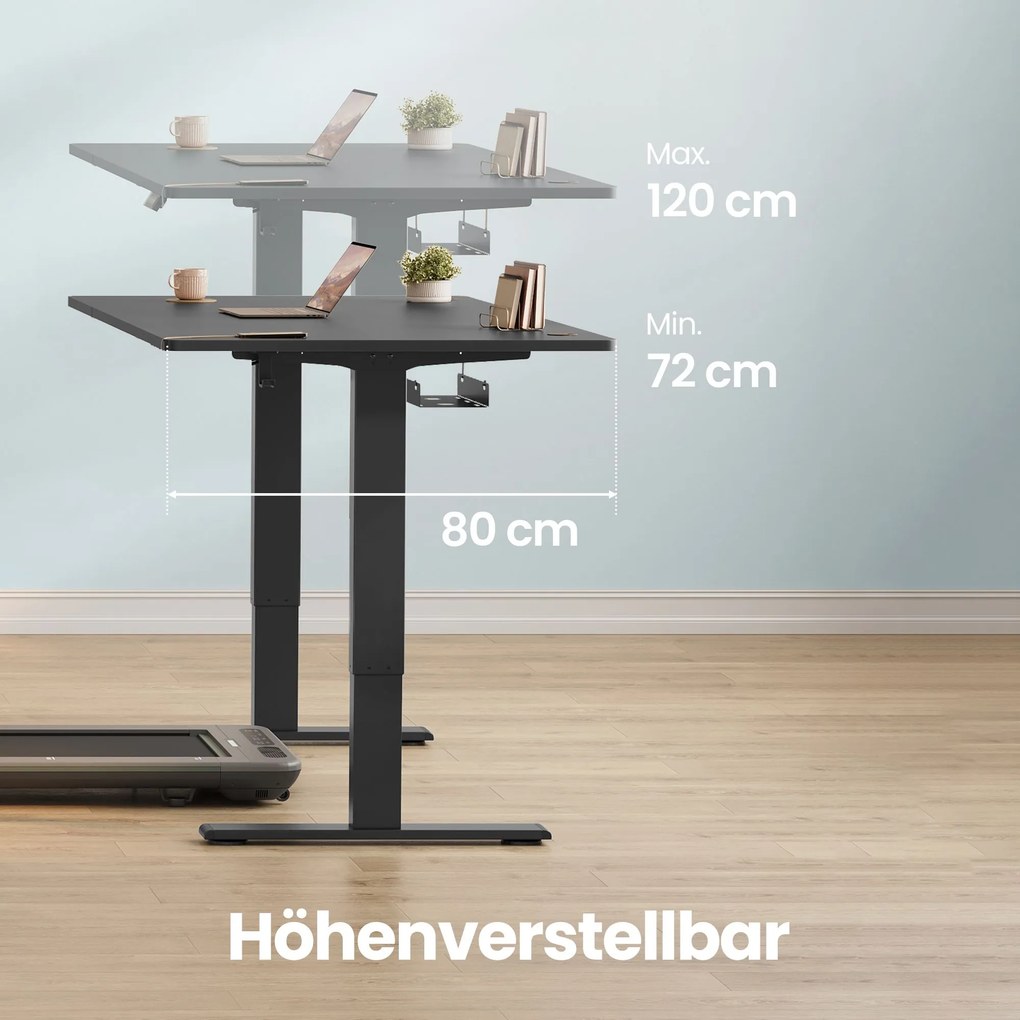 Secretária com regulação elétrica da altura 140 x 80 x (72-120) cm, secretária para trabalhar em pé com porta-cabos tipo C, preta