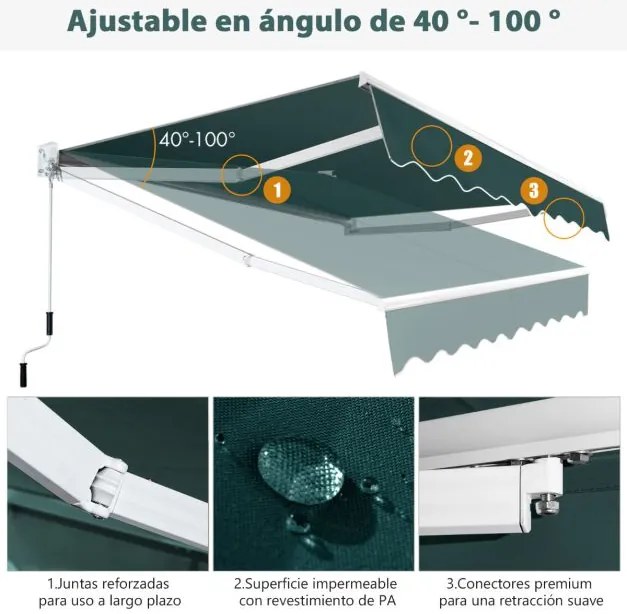 Toldo retrátil 245 x 200 cm com manivela manual em poliéster impermeável, marquise em alumínio para porta de janela verde
