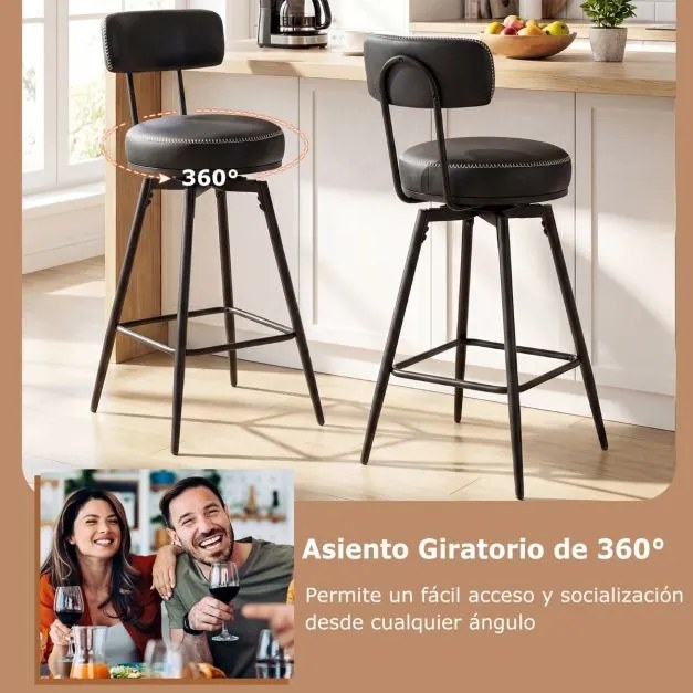 Conjunto de 2 Bancos de bar giratórios modernos 46 x 41 x 98 cm, encosto almofadado, apoio para os pés, pernas metálicas, couro sintético com costuras