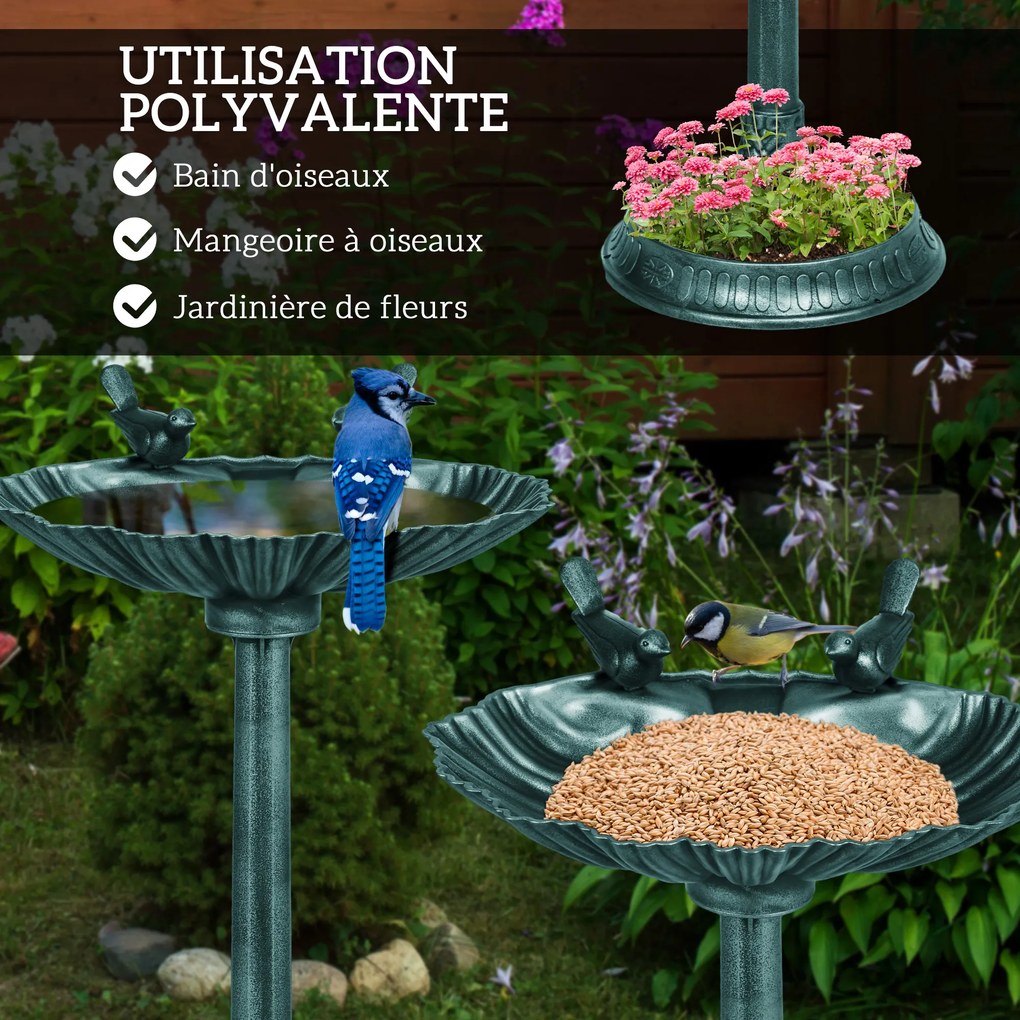 Bebedouro antigo para pássaros com 81 cm, com base em forma de Floreira, comedouro e bacia para pássaros com pé, em bronze verde