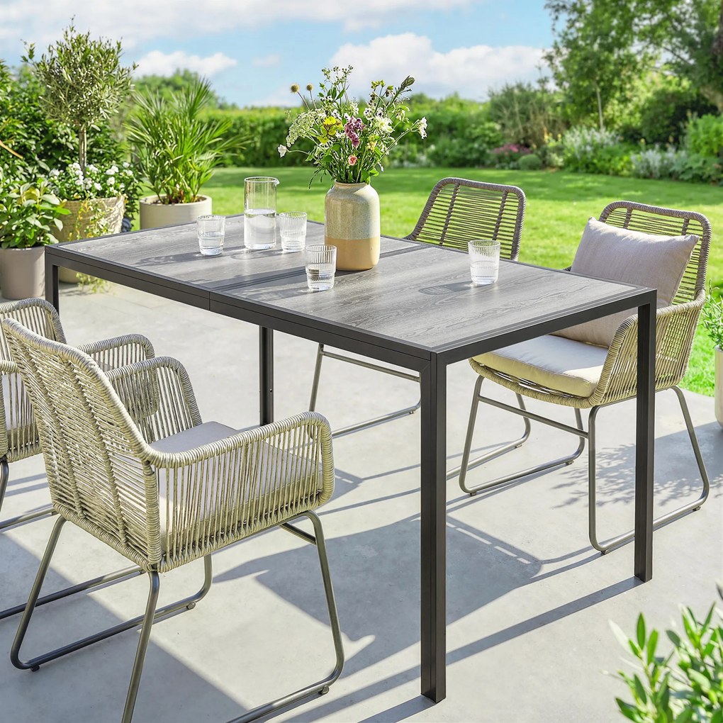 Mesa de jardim para 4 a 6 pessoas, (CADEIRAS NÃO INCLUIDAS) mesa de jantar de exterior com tampo com efeito de madeira, 150 x 80 x 74 cm, cinzenta