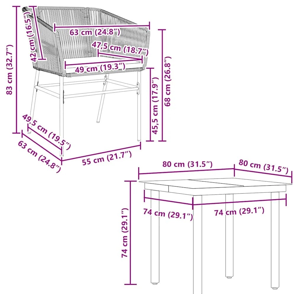 Conjunto jantar jardim 5 peças almofadas vidro vime PE castanho