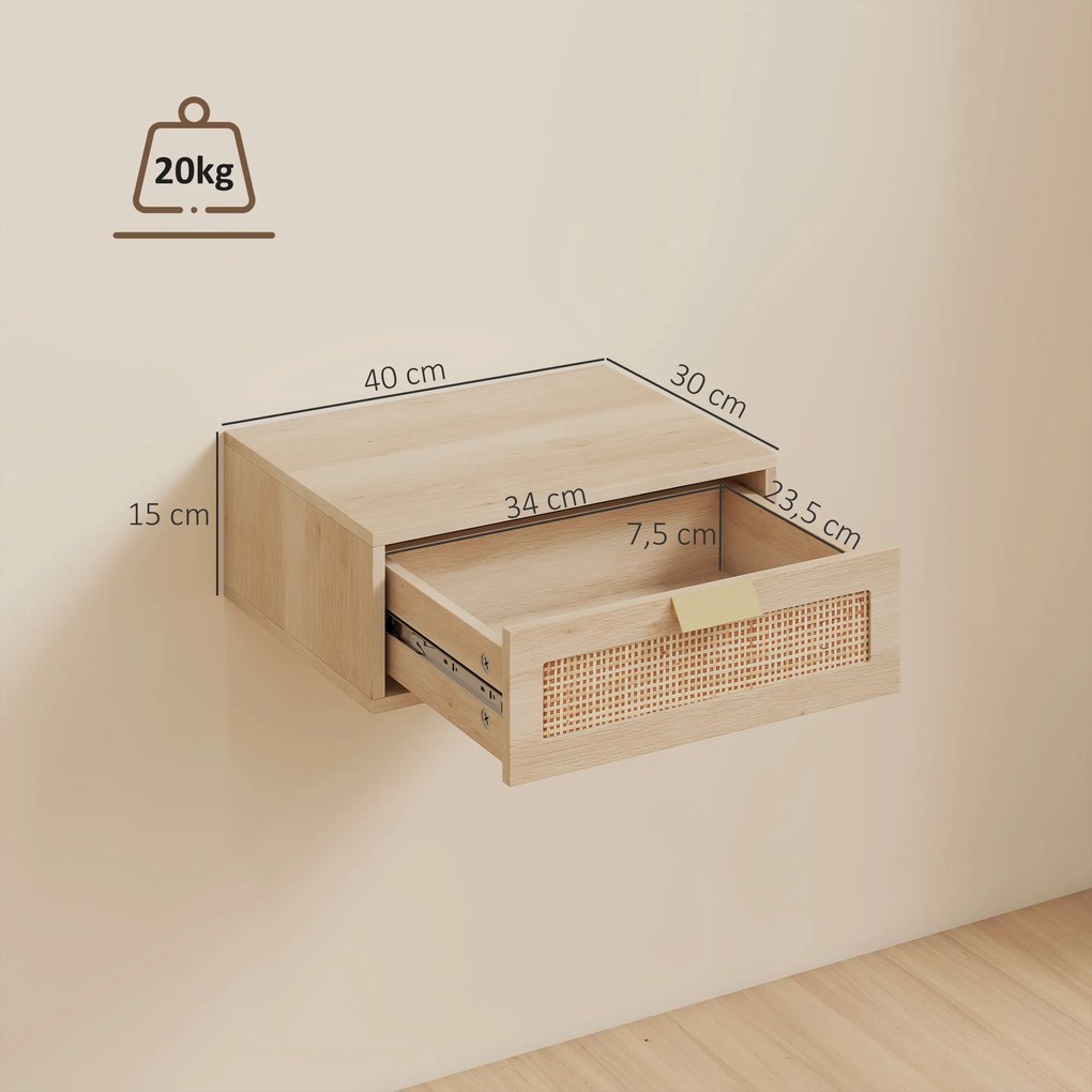 Conjunto de 2 Mesas de Cabeceira Flutuantes com Gaveta de Vime Poupa Espaço Design Moderno 40x30x15 cm Carvalho