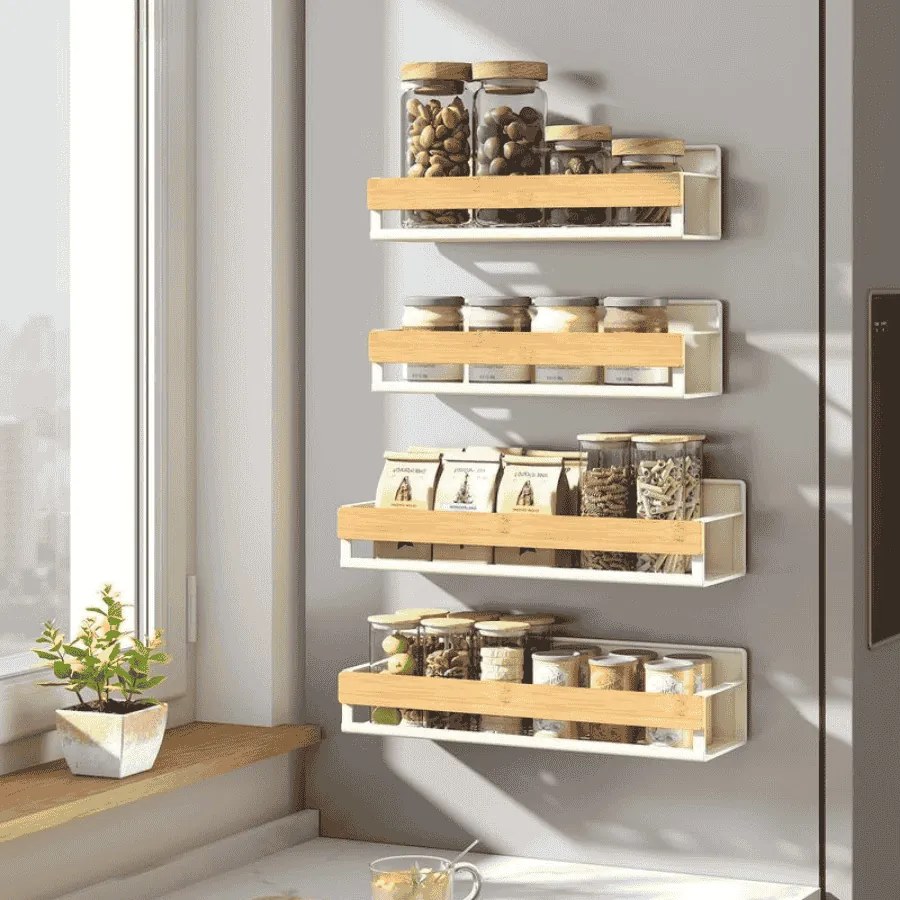 Conjunto de prateleiras magnéticas para especiarias em metal, sem necessidade de perfuração branco creme-bege natural