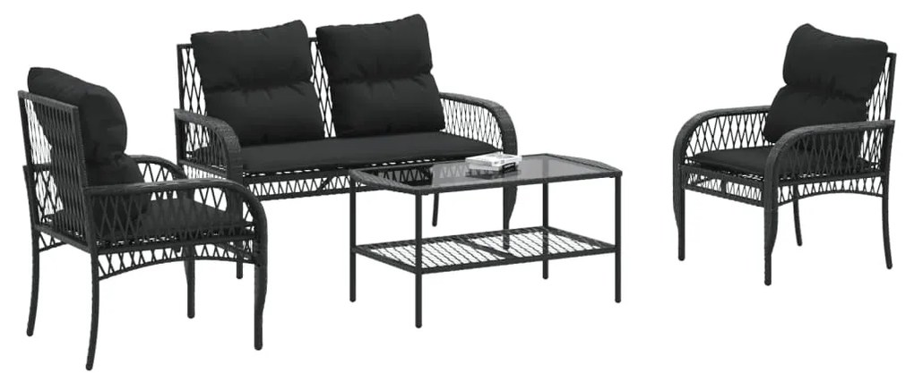 4 pcs conjunto de sofás para jardim c/ almofadões vime PE preto