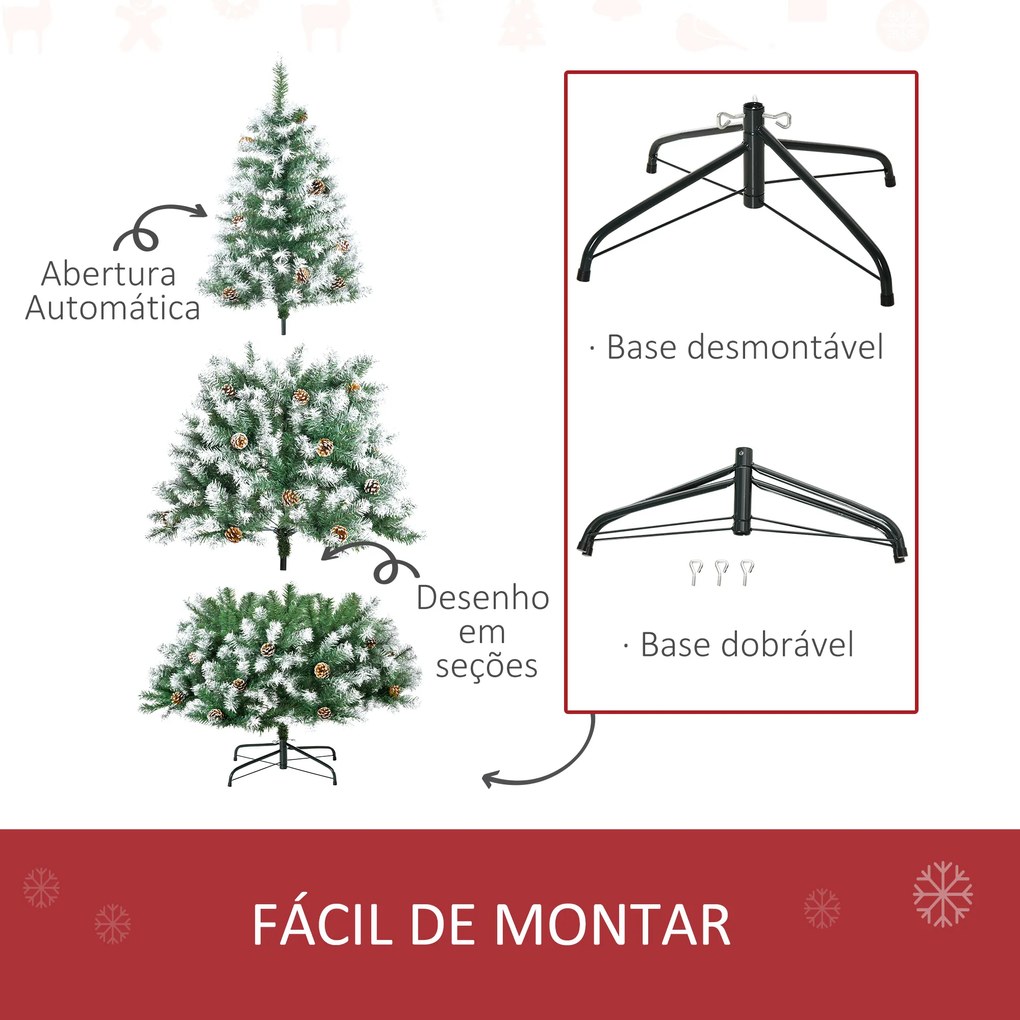 HOMCOM Árvore de Natal Artificial 180cm com 800 Ramos e 61 Pinhas Folhas de PVC com Efeito de Neve Base Dobrável e Suporte Metálico para Interiores Verde
