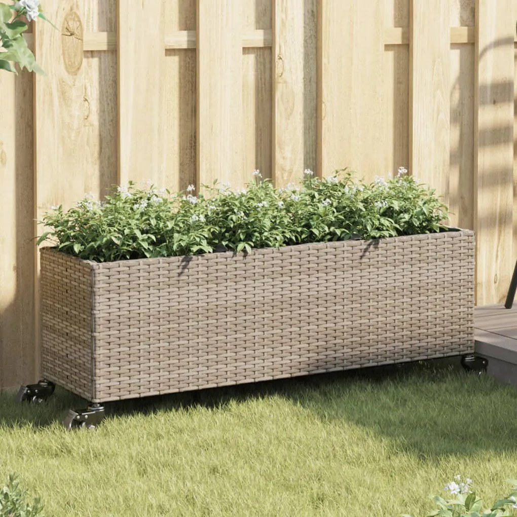 vidaXL Canteiro jardim c/ rodas e 3 vasos 107x32x38cm vime PE cinzento