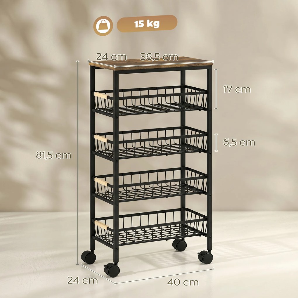 Carrinho Auxiliar com Rodas 4 Cestos Amovíveis 15 kg Estrutura Metálica para Sala de Jantar 40x24x81,5 cm Castanho Rústico