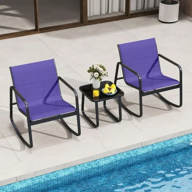 Conjunto de 3 peças baloiço para jardim, 2 cadeiras de bistrô e mesa baixa de vidro com tecido de malha respirável e faixa antiderrapante Azul