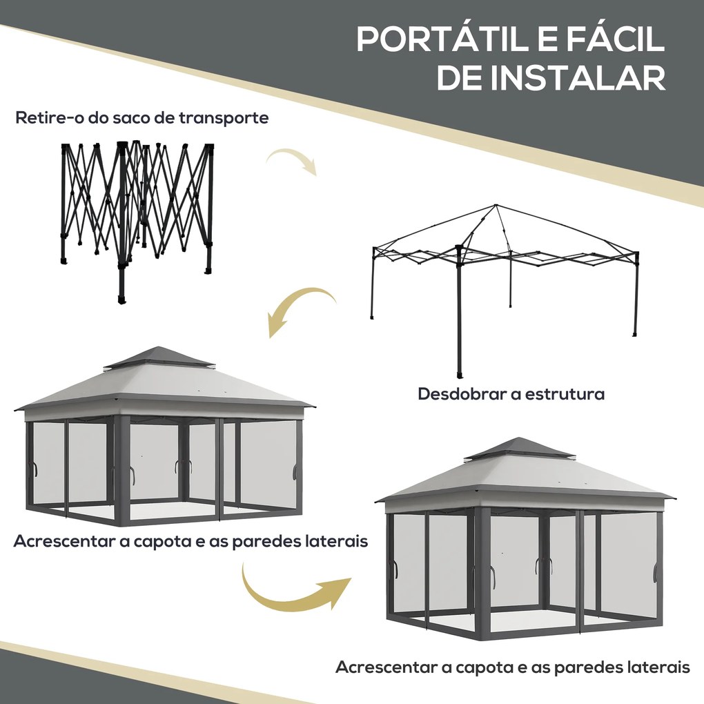 Tenda Dobrável 3,26x3,26x2,72 m com Altura Ajustável 4 Painéis de Malha Proteção UV30+ e Bolsa de Transporte Cinza