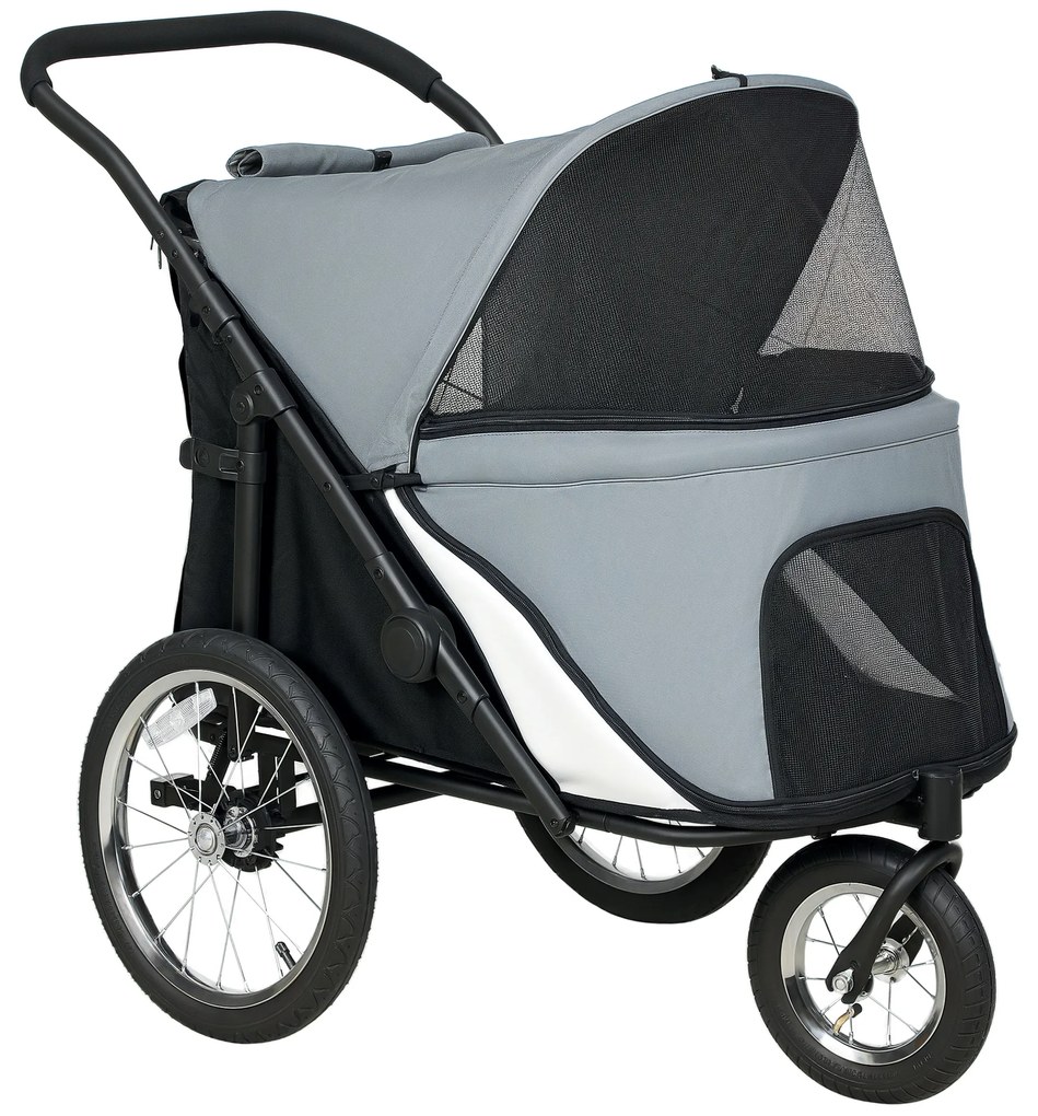 Pawhut Carrinho para Cães Dobrável com 3 Rodas Bolsa de Arrumação Almofada Macia e Trela de Segurança 101x64x93 cm Cinza | Aosom Portugal